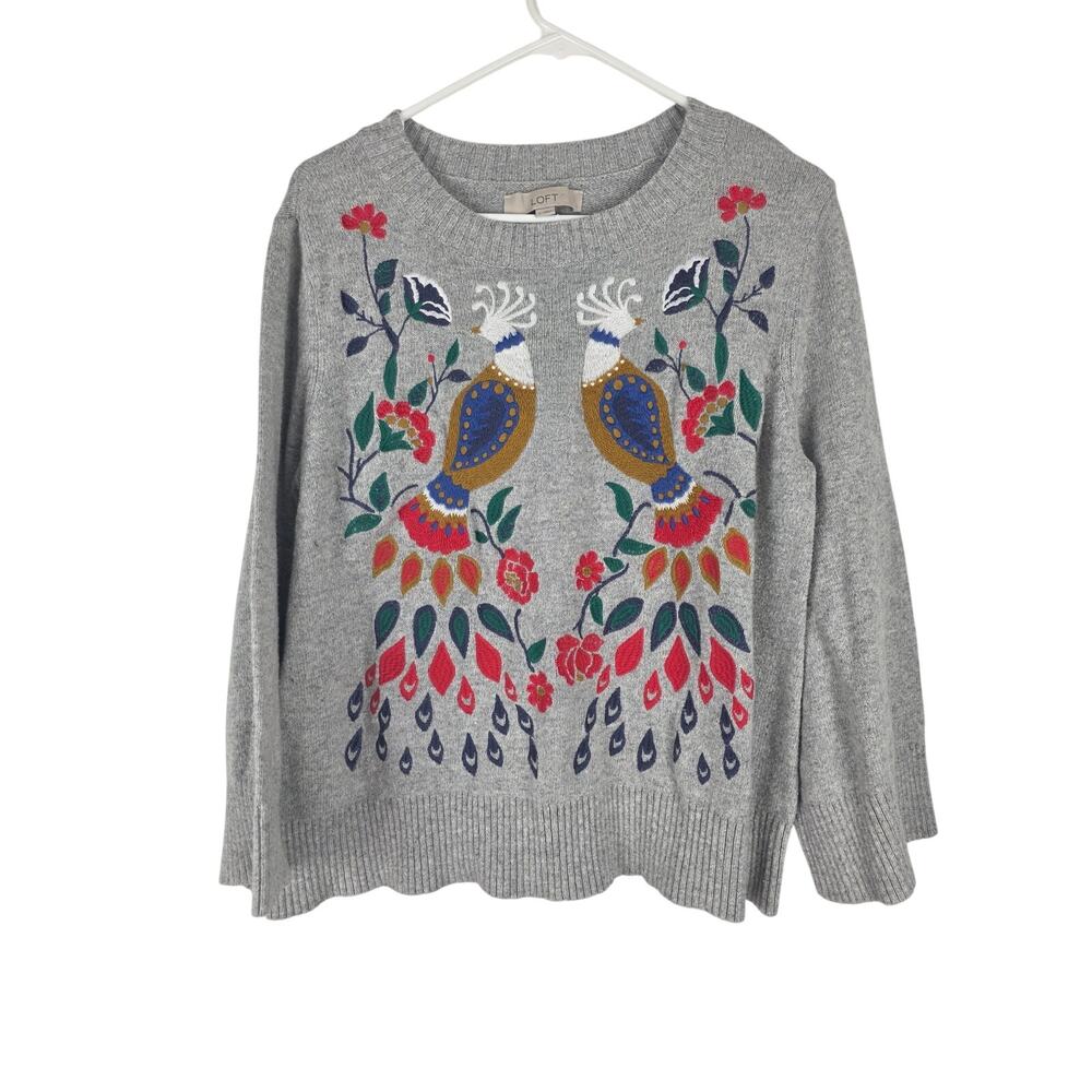 LOFT Folksy Embroirdered Bird Sweater L Womens‎ Gray Artsy Long Sleeve Boho